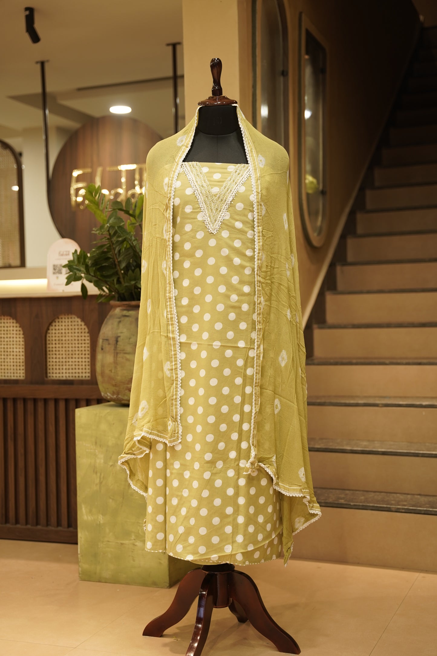 Green Printed Cotton Suit with Neck Work
