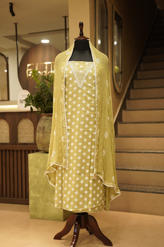 Green Printed Cotton Suit with Neck Work