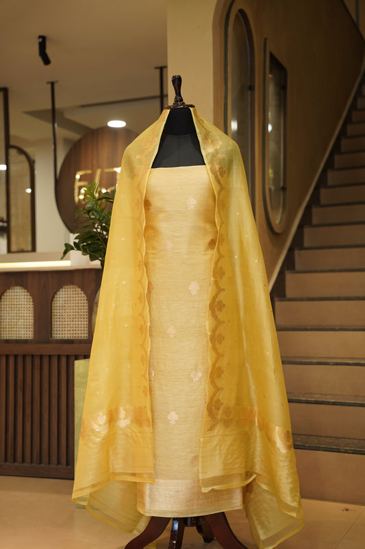 Yellow Pure Linen Silk Banarasi Suit