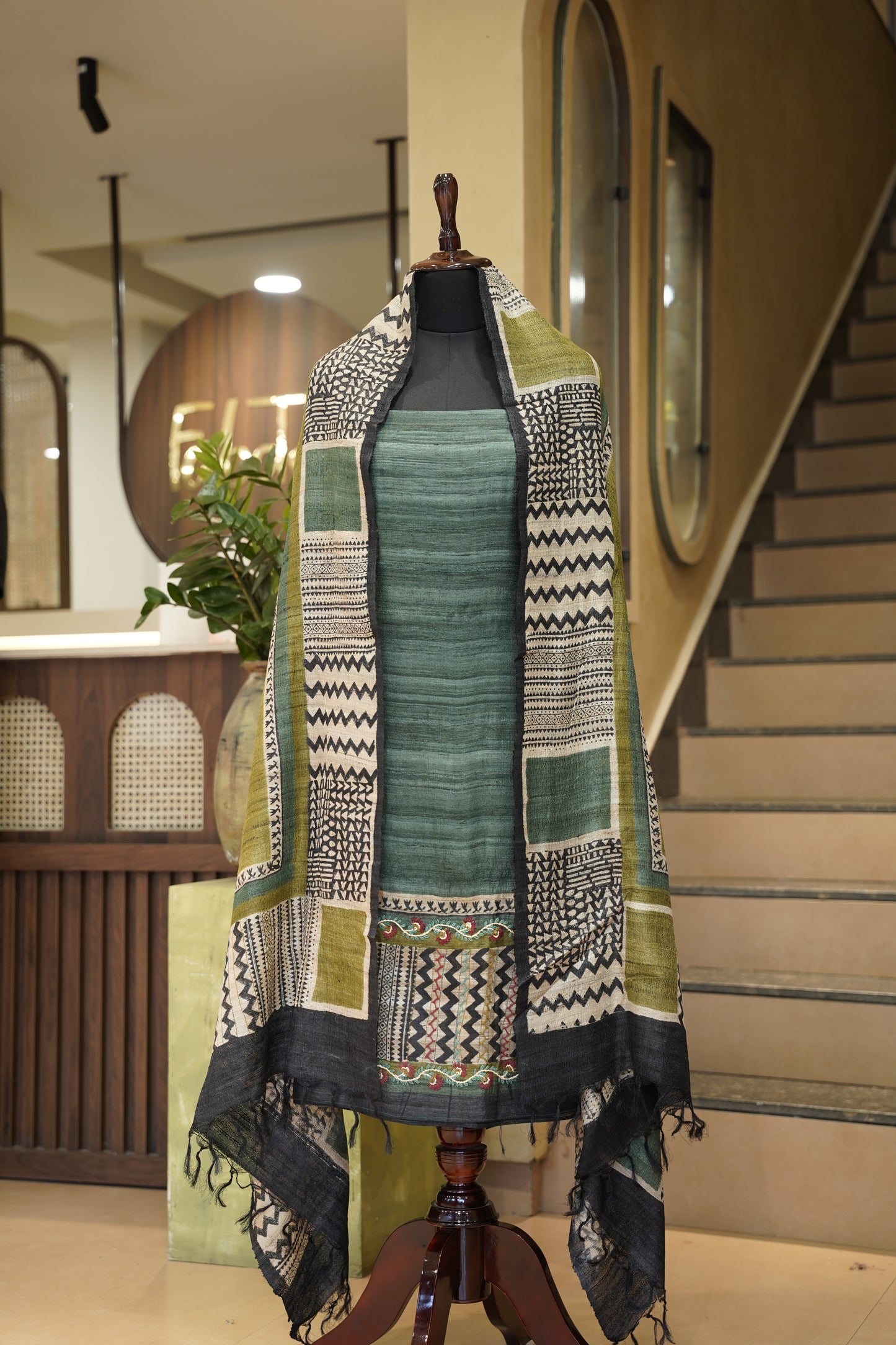 Green Pure Tussar Silk Printed Suit with Hand Katha Work