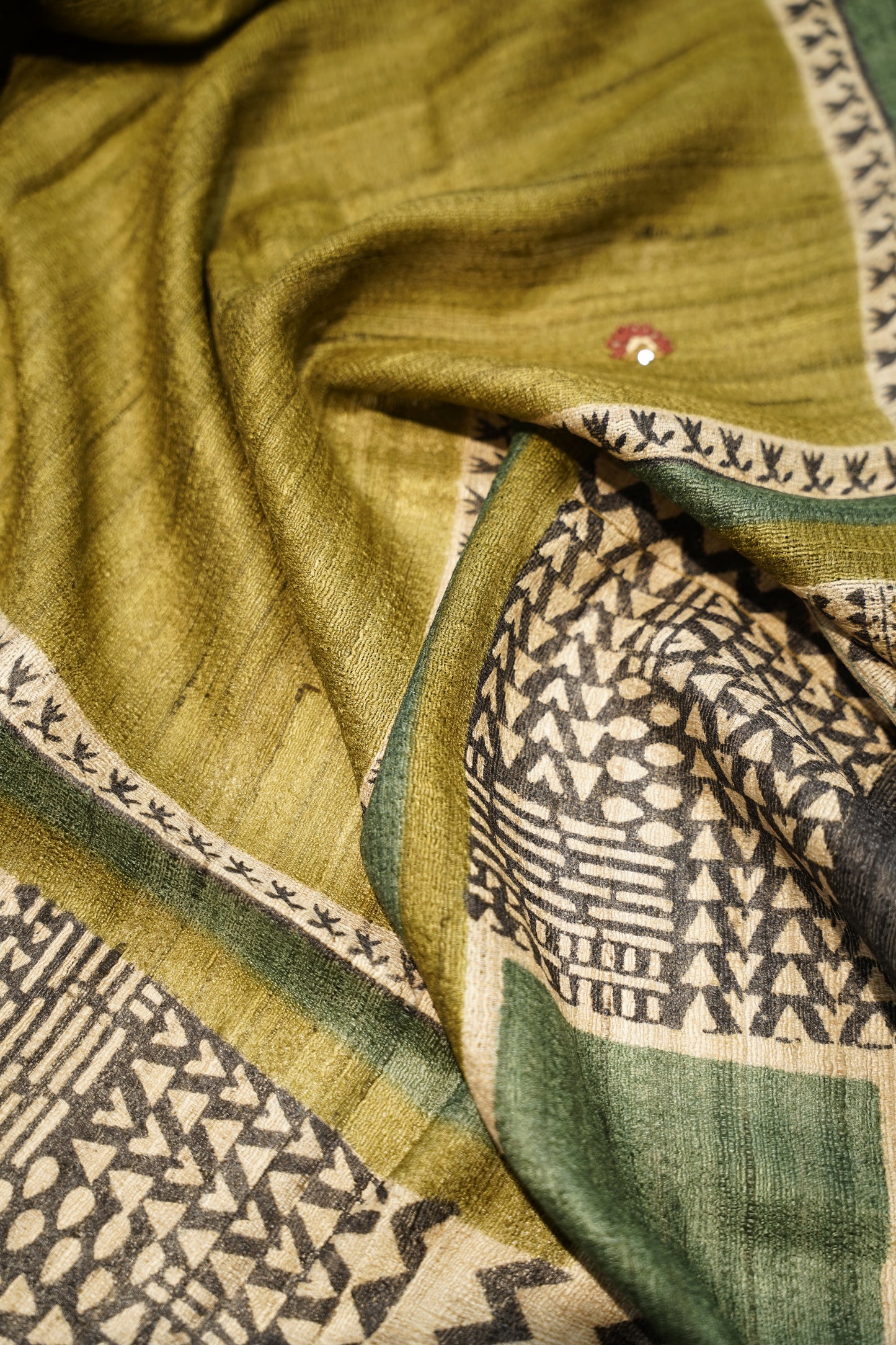 Green Pure Tussar Silk Printed Suit with Hand Katha Work