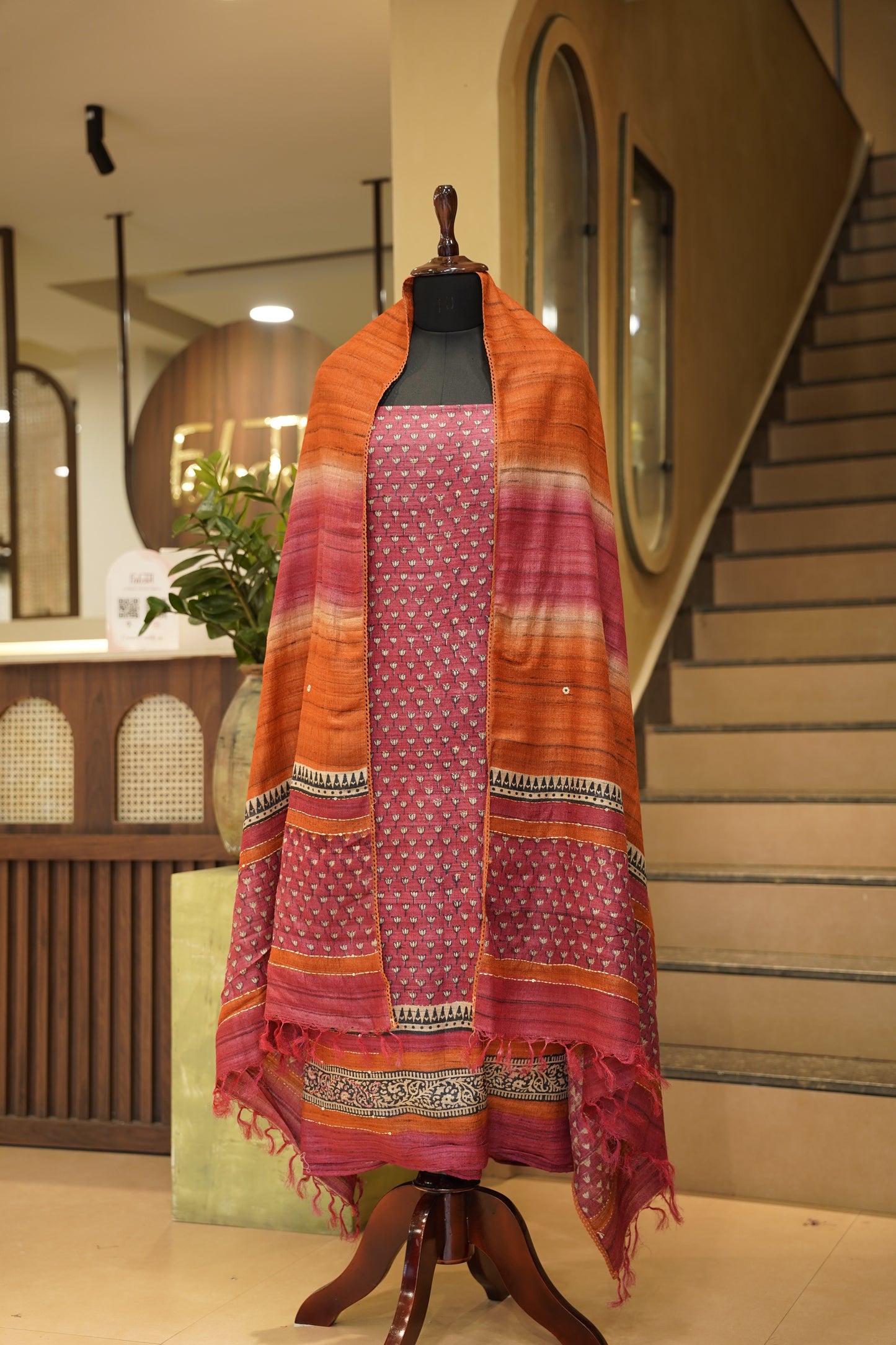 Pink pure Tussar Silk Printed Suit with Hand Katha Work