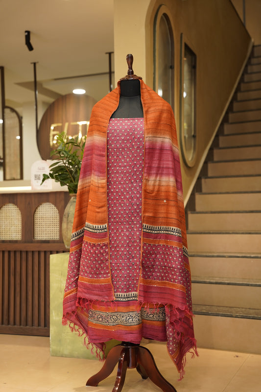 Pink pure Tussar Silk Printed Suit with Hand Katha Work