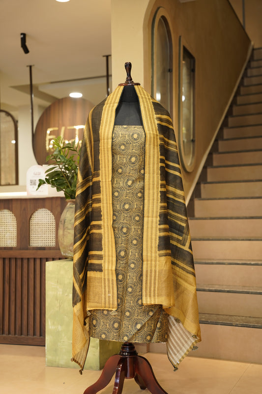 Mustard Pure Muga Silk Printed Suit