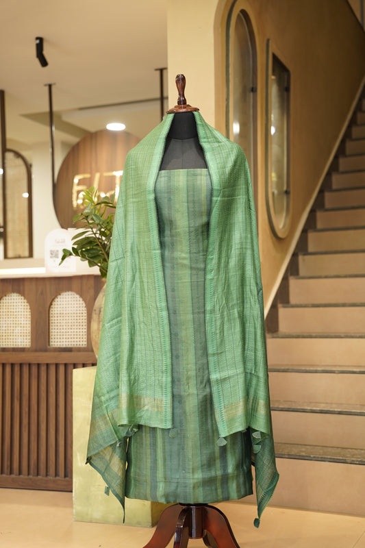 Green Muga Silk Printed Suit with Embroidery
