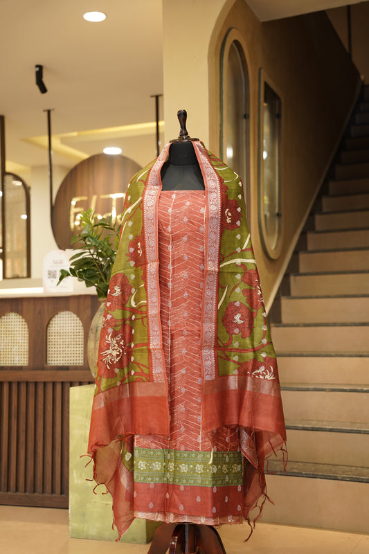 Red Printed Maheshwari Suit with Banarasi Booti