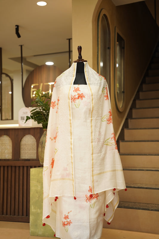 Off White Printed Maheshwari Suit with Embroidery
