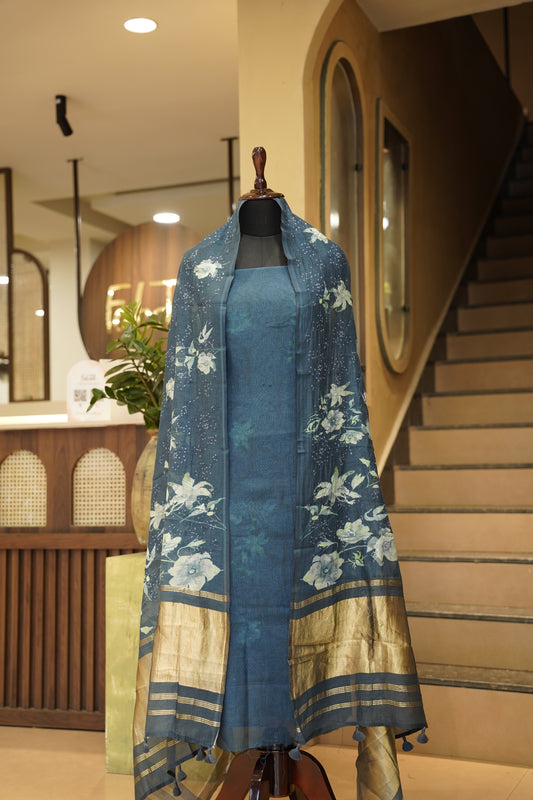 Blue Printed Maheshwari Suit
