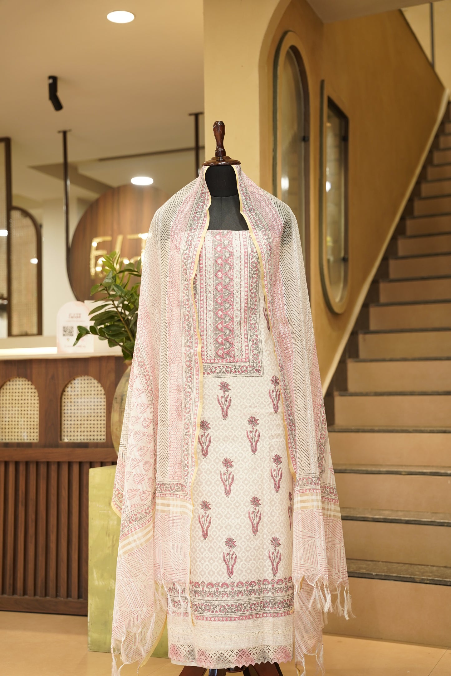 Off White Self Chanderi Block Printed Suit