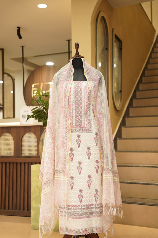 Off White Self Chanderi Block Printed Suit