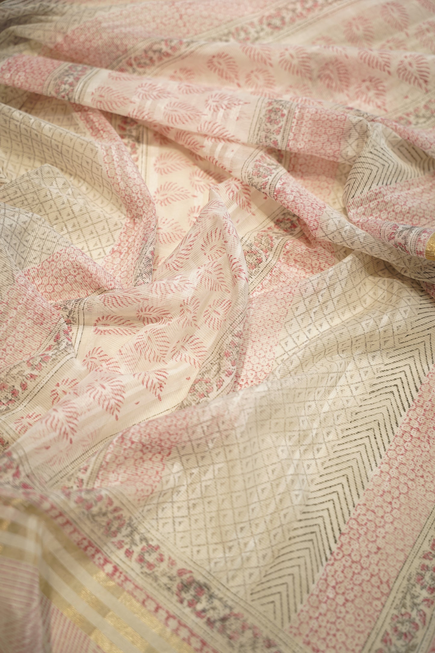 Off White Self Chanderi Block Printed Suit