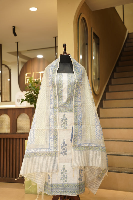 Off White Khadi Cotton Block Printed Suit