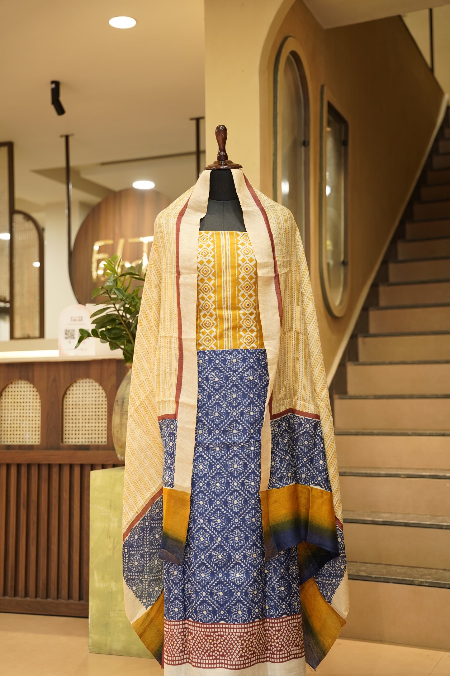 Blue Muga Silk Suit with Neck Work