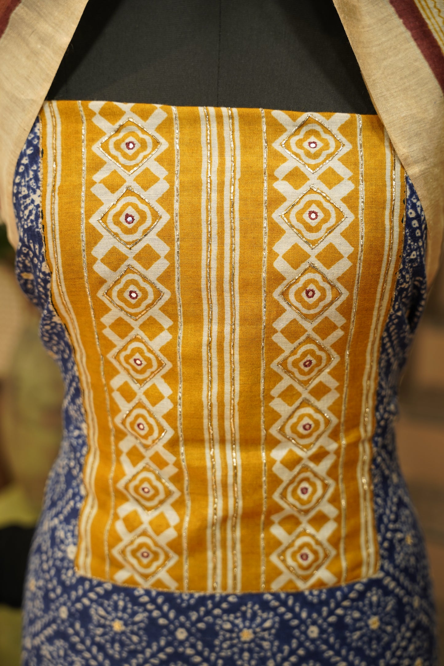 Blue Muga Silk Suit with Neck Work