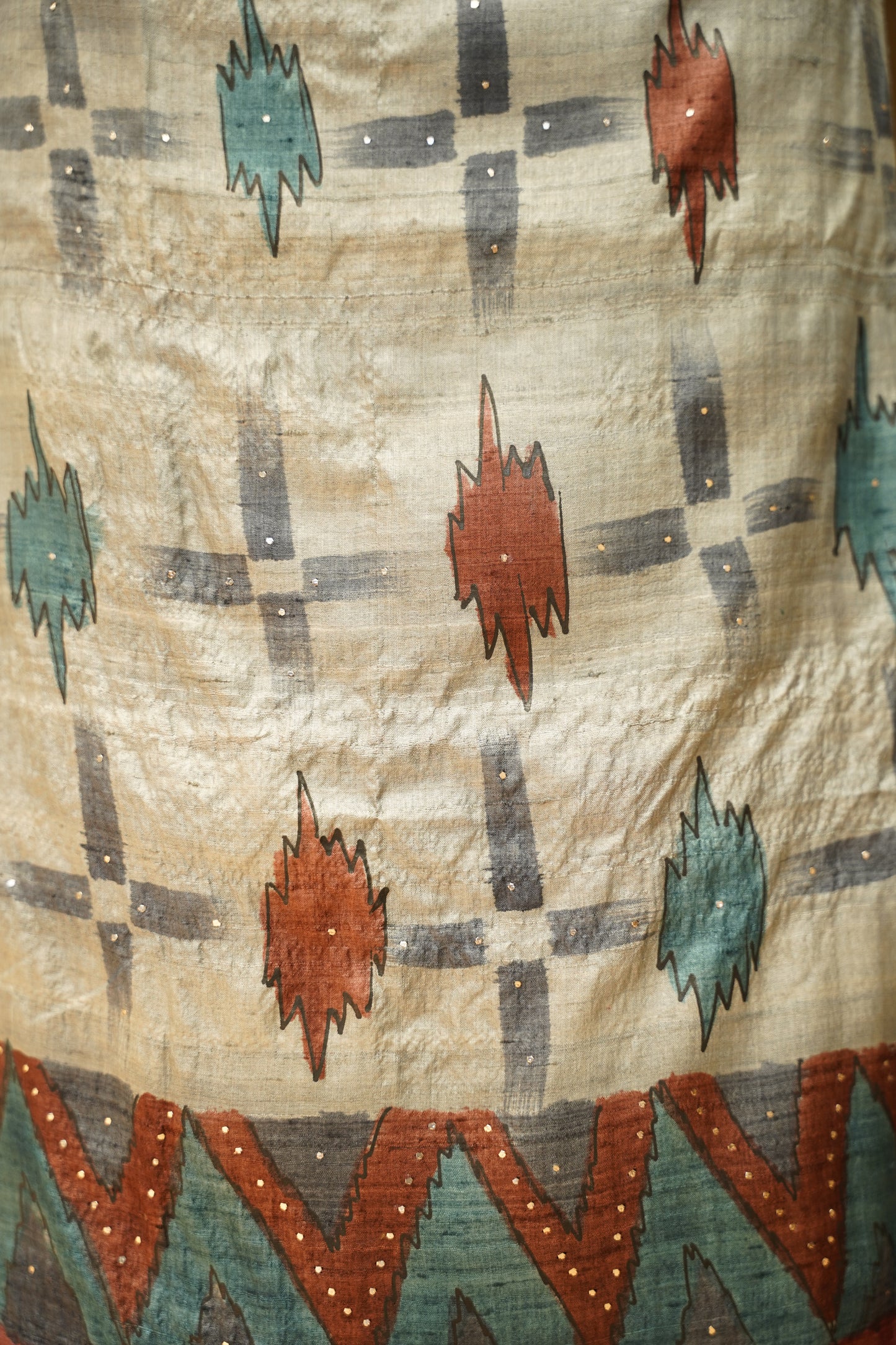Green Pure Silk Tussar Mukaish Work Suit with Hand Painting