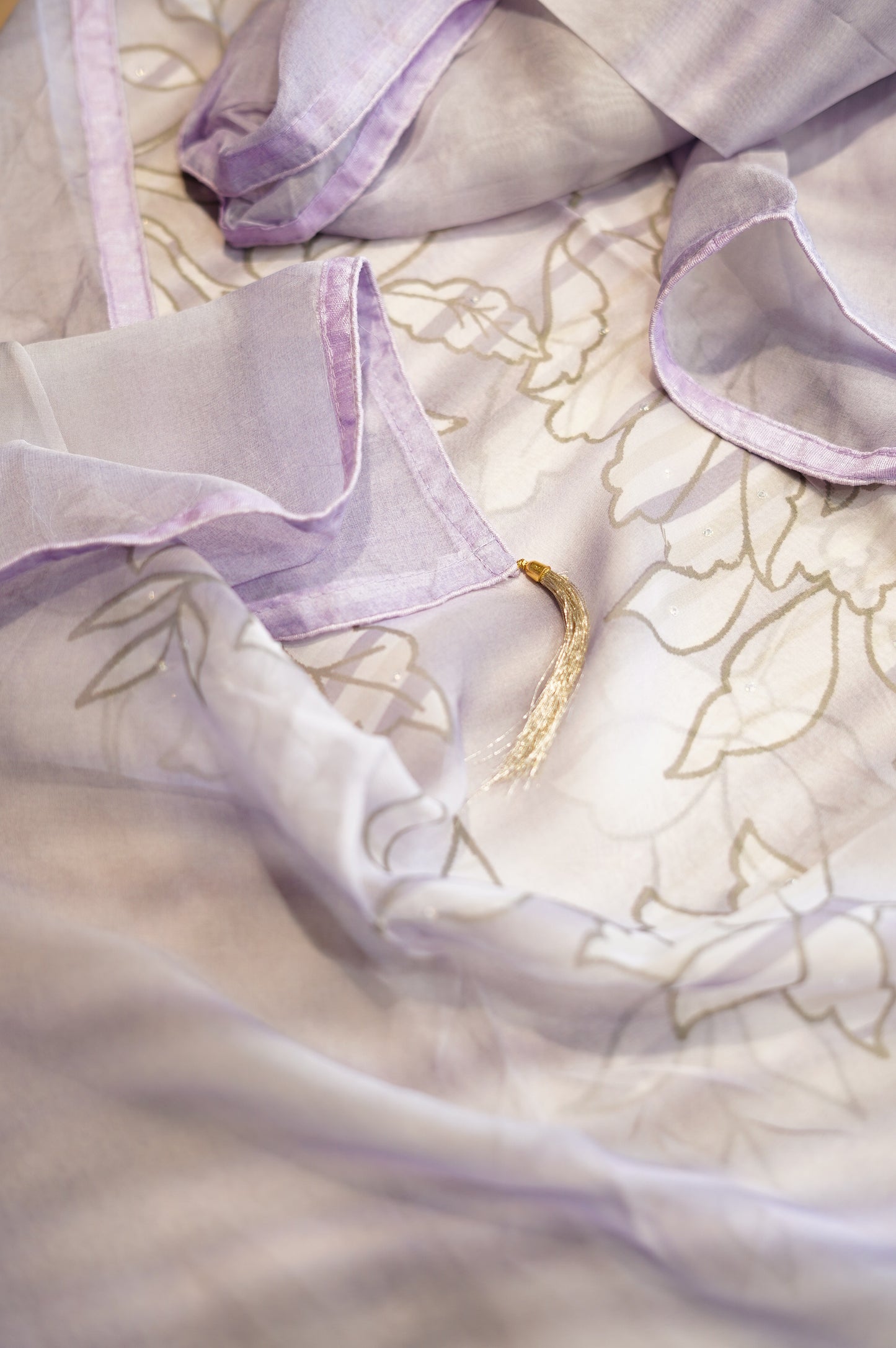 Lavender Organza Printed Suit with Banarasi Neck