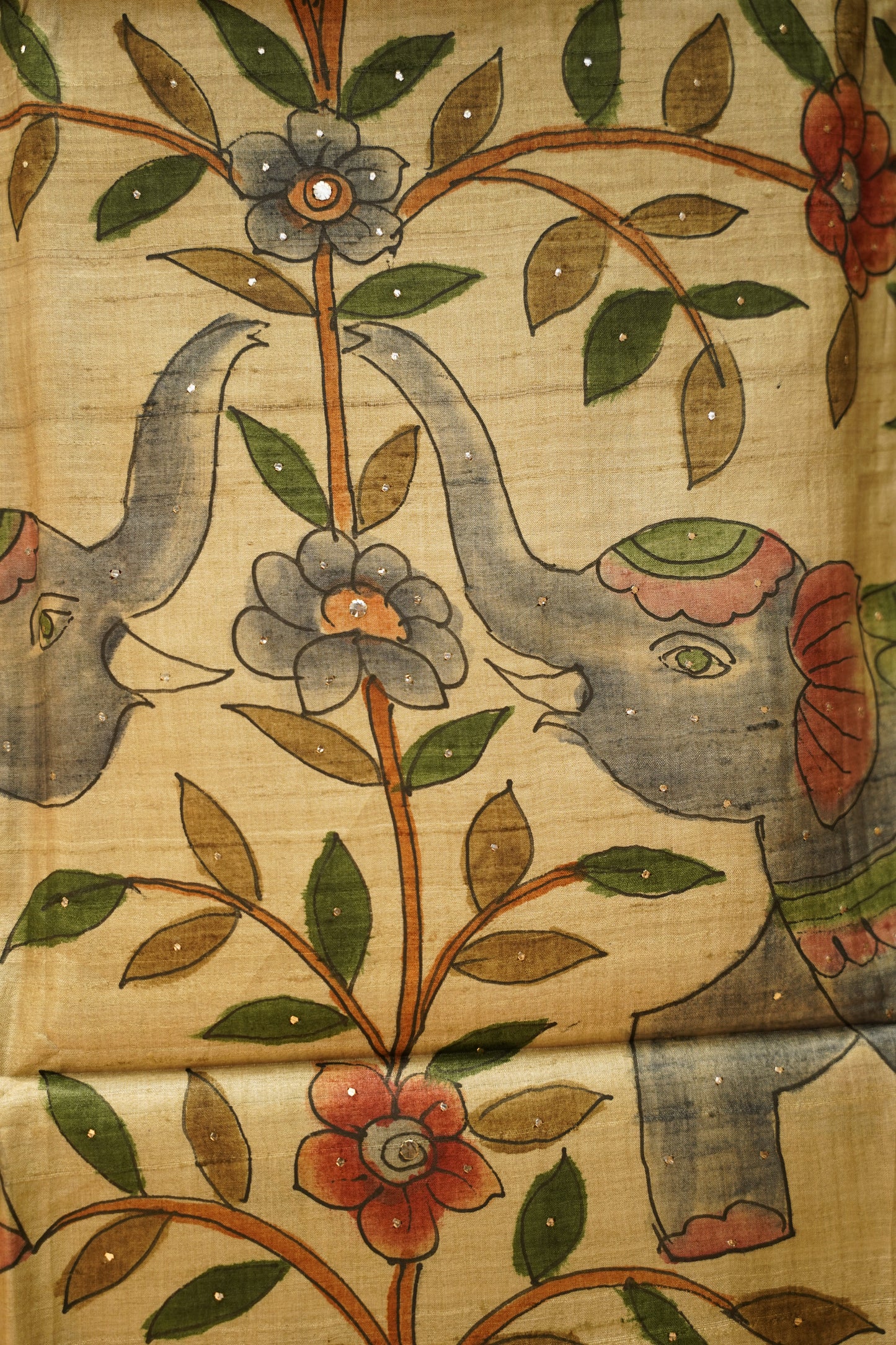 Mustard Pure Silk Tussar Mukaish Work Suit with Hand Painting