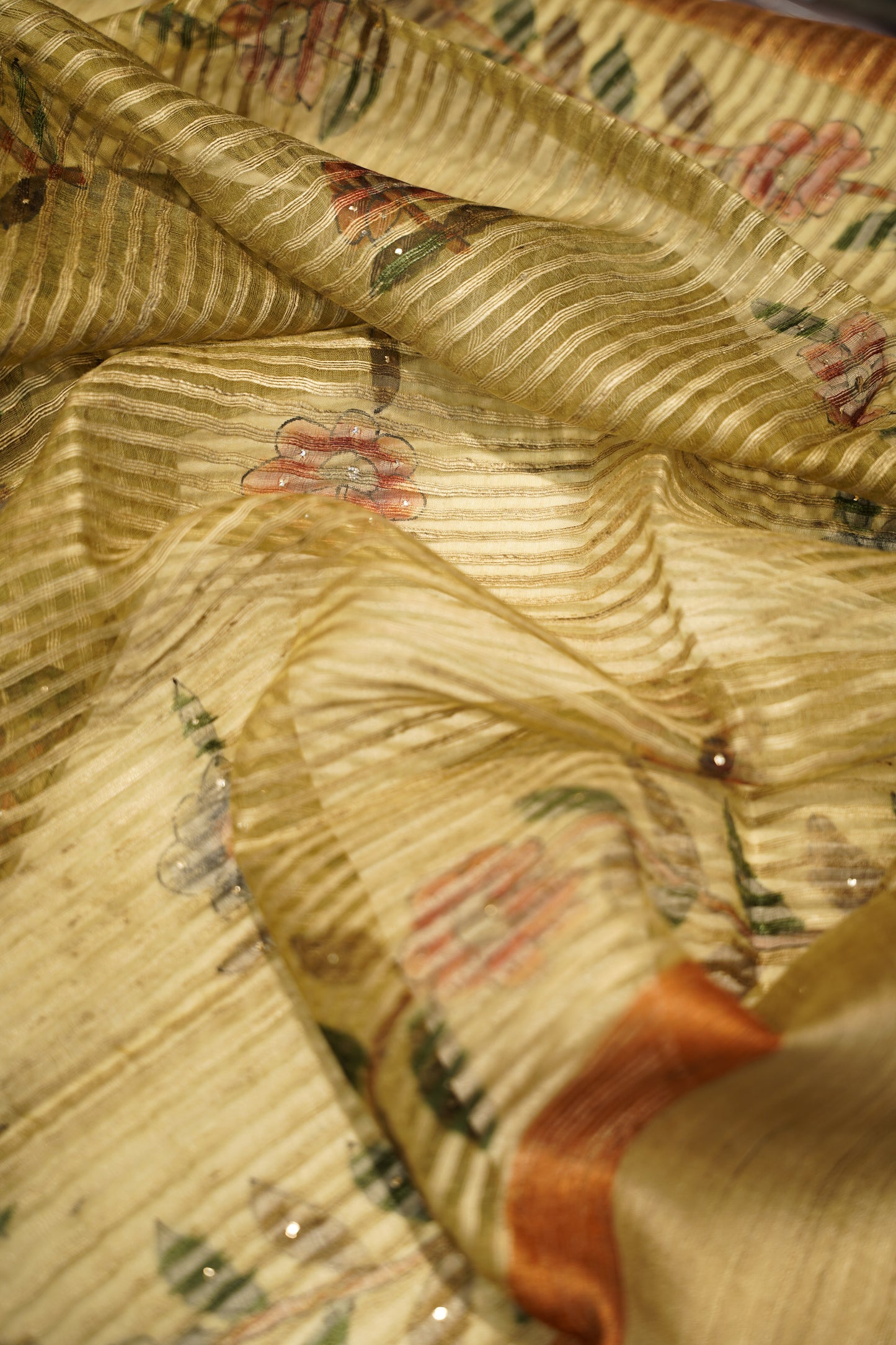 Mustard Pure Silk Tussar Mukaish Work Suit with Hand Painting