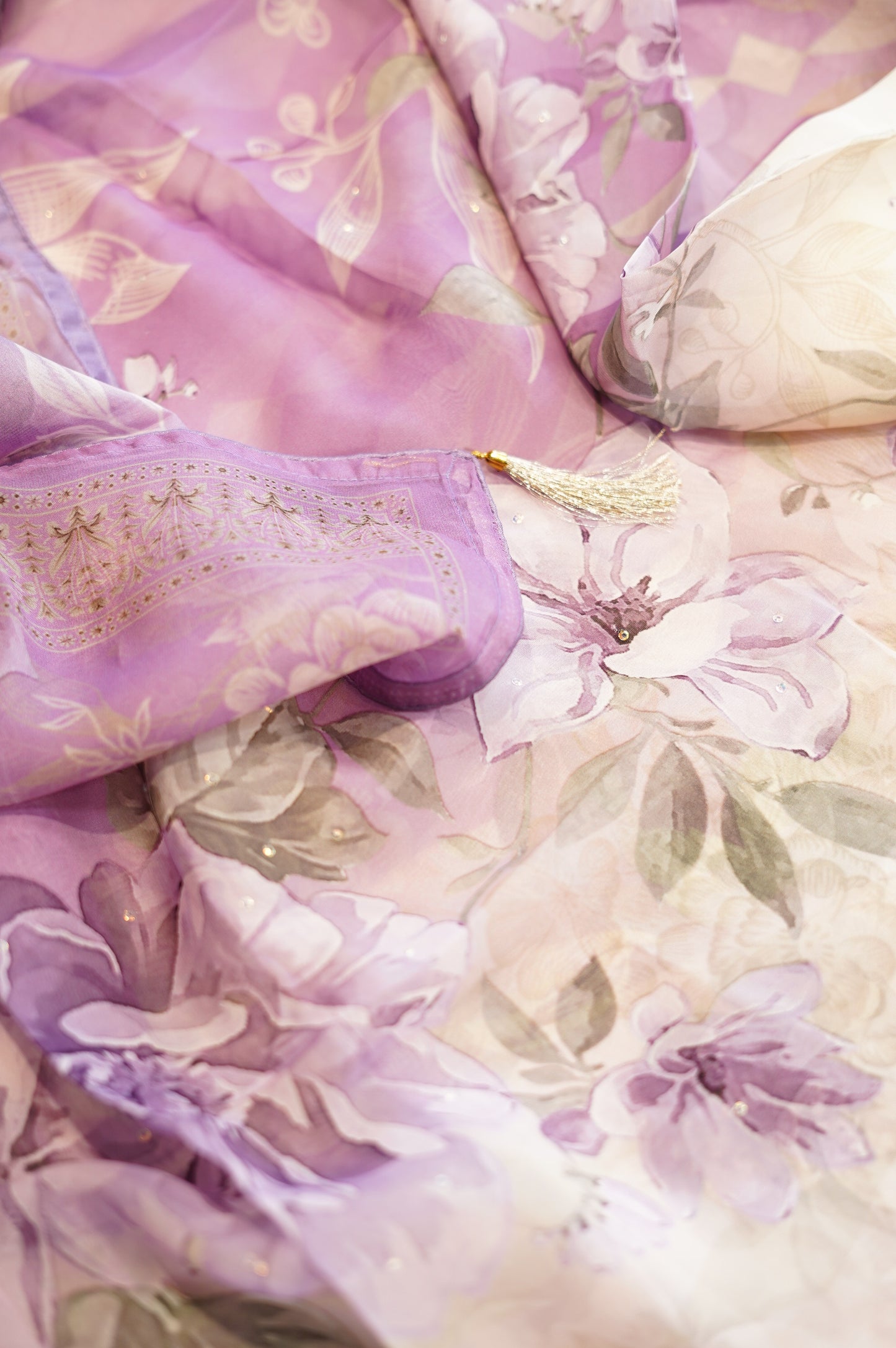 Off White Printed Organza Suit with Handwork