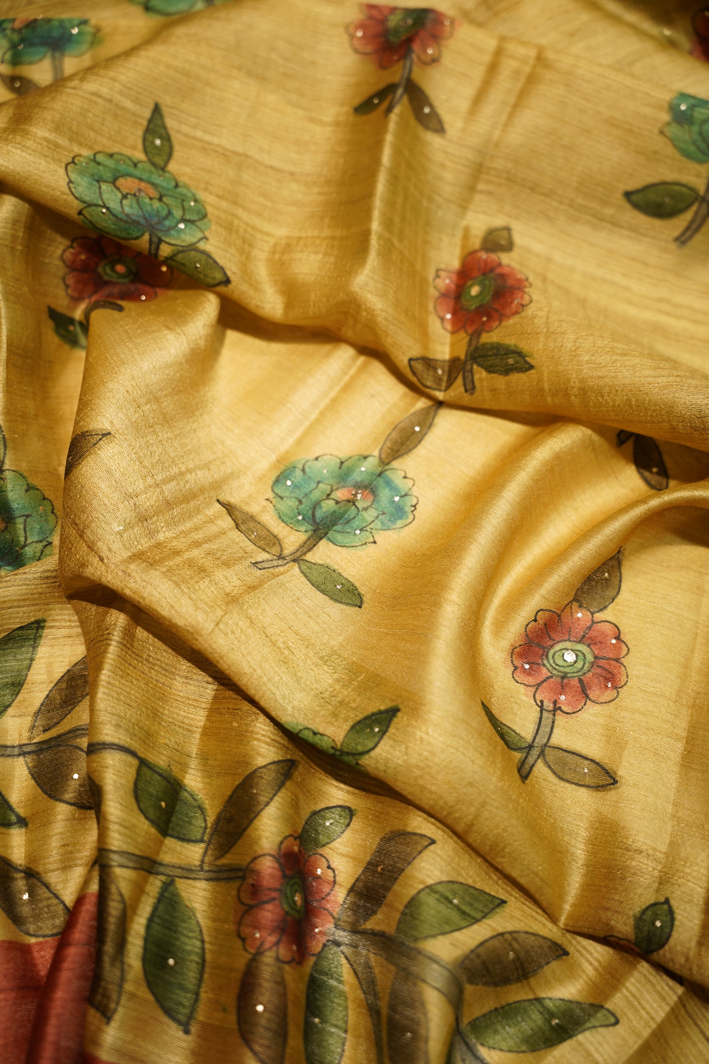 Yellow Pure Silk Tussar Mukaish Suit with Hand Painting