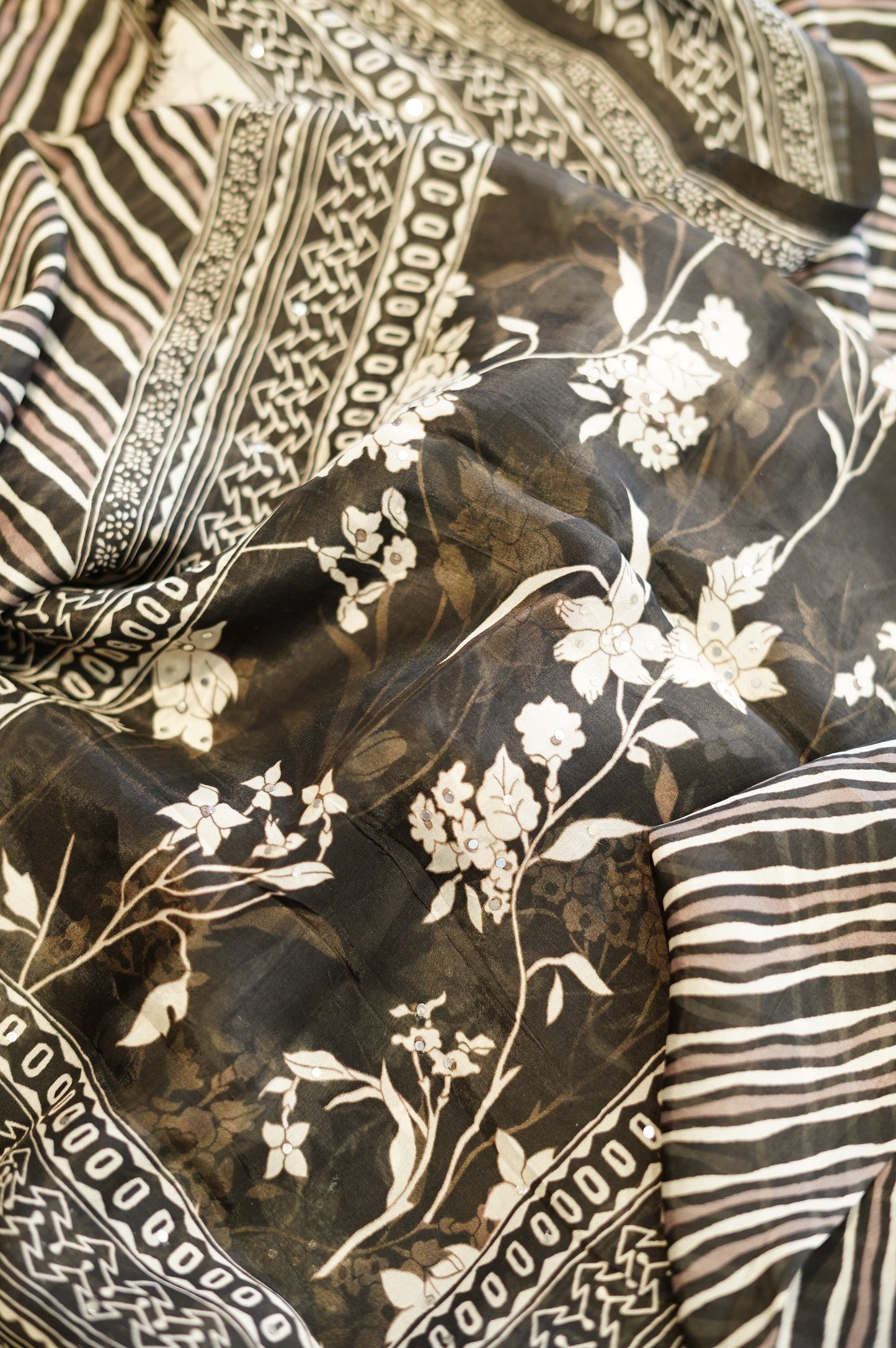 Black Printed Organza Suit with Handwork