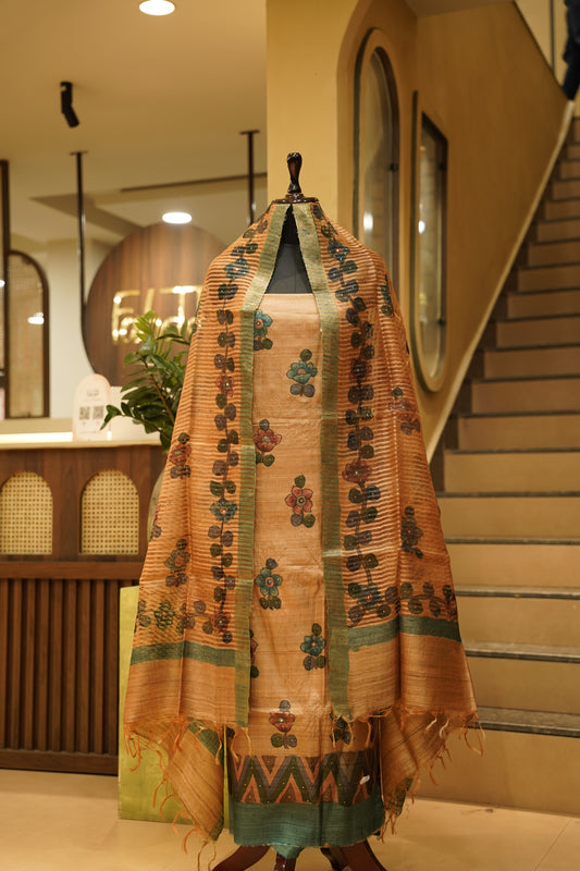 Pink Pure Silk Tussar Mukaish Work Suit with Hand Painting