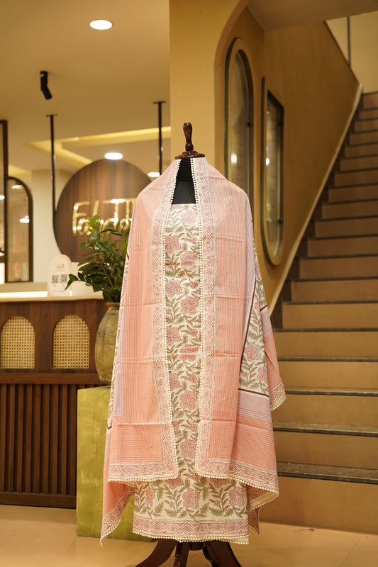 Off White Pure Cotton Block Printed Suit