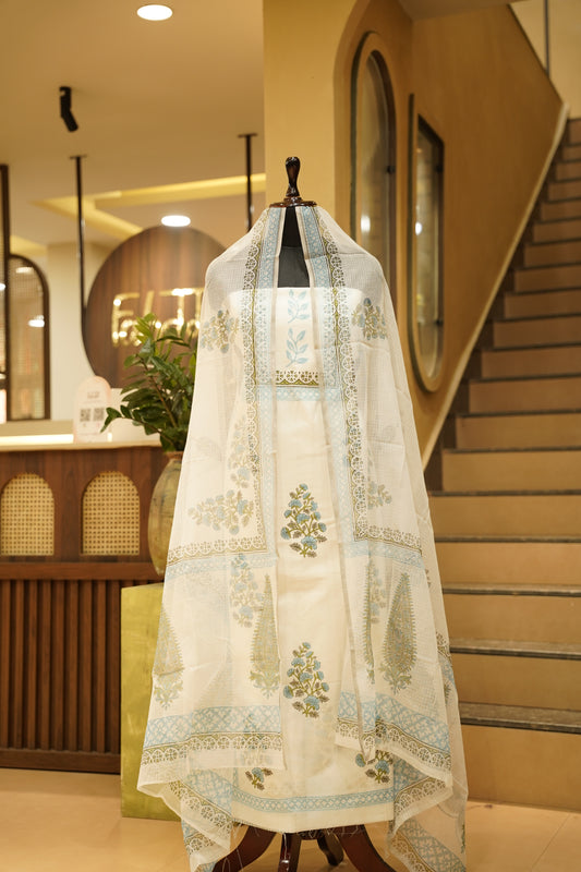 White Pure Cotton Block Printed Suit