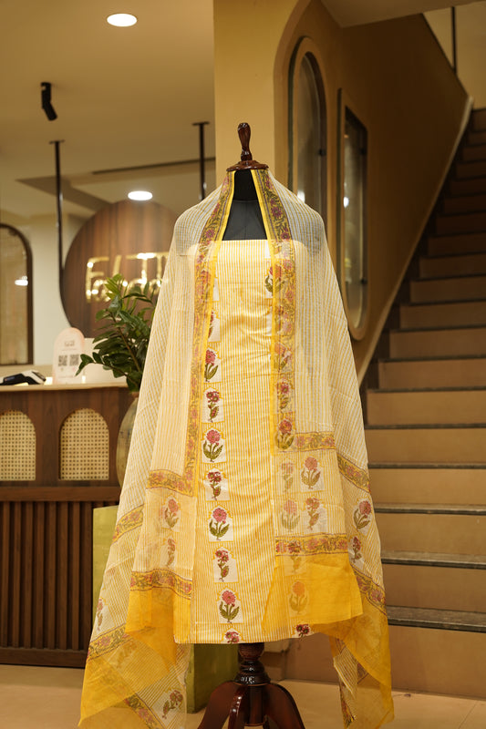 Yellow Pure Cotton Block Printed Suit