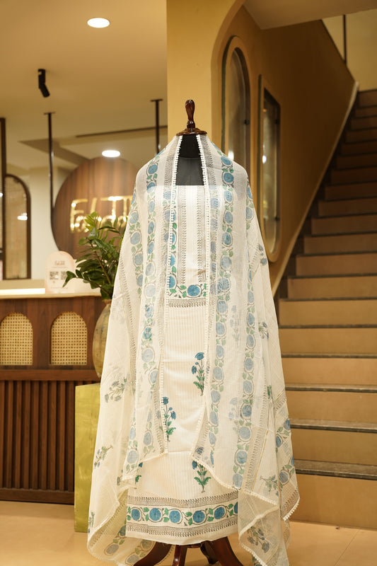 White Pure Cotton Block Printed Suit
