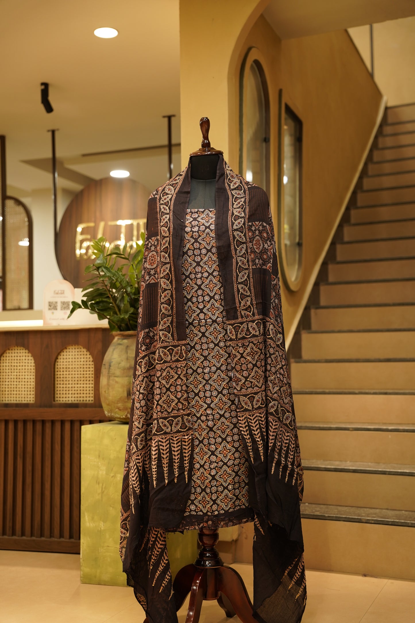 Black Cotton Ajrakh Printed Suit with Katha Embroidery