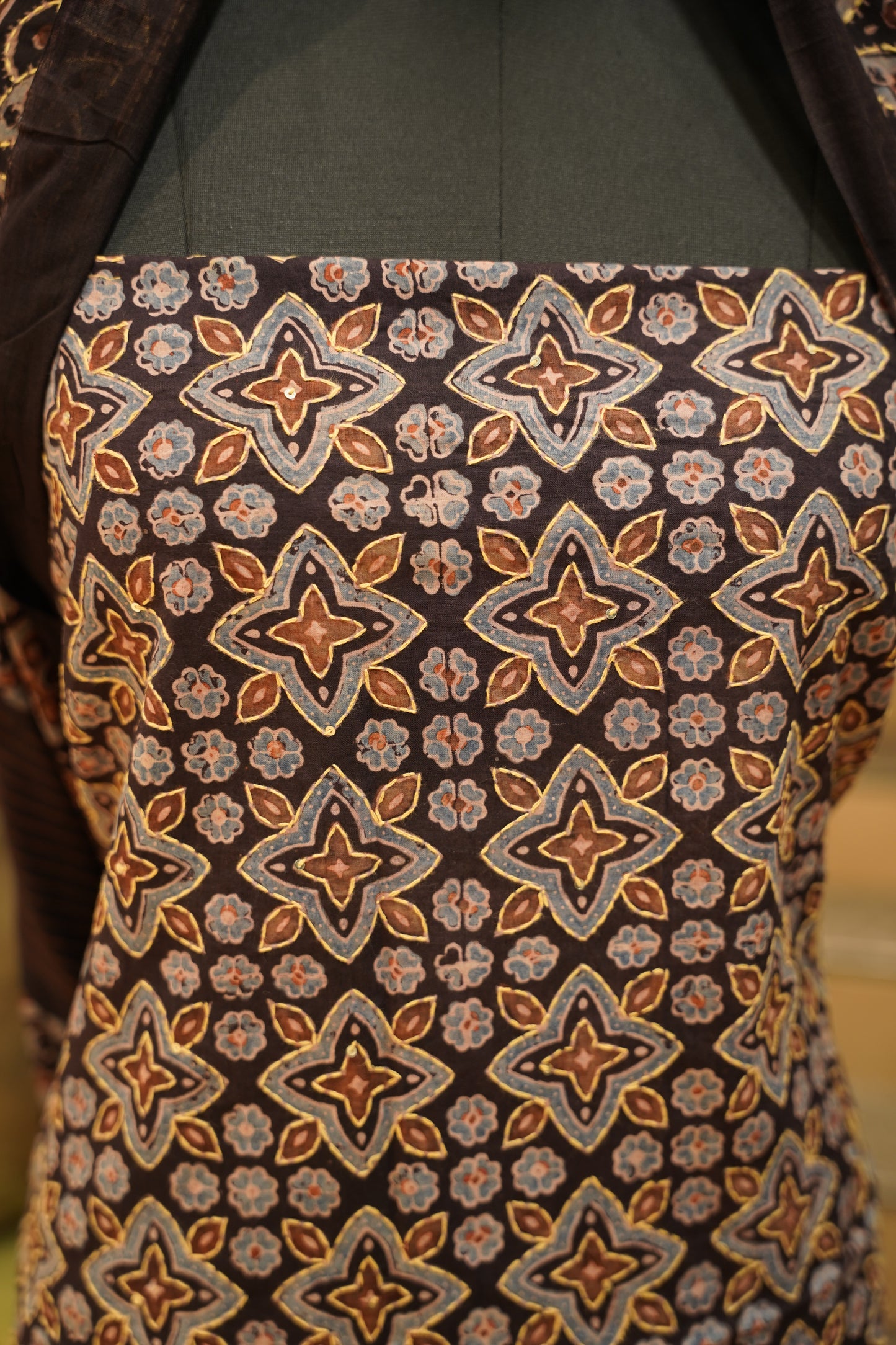 Black Cotton Ajrakh Printed Suit with Katha Embroidery