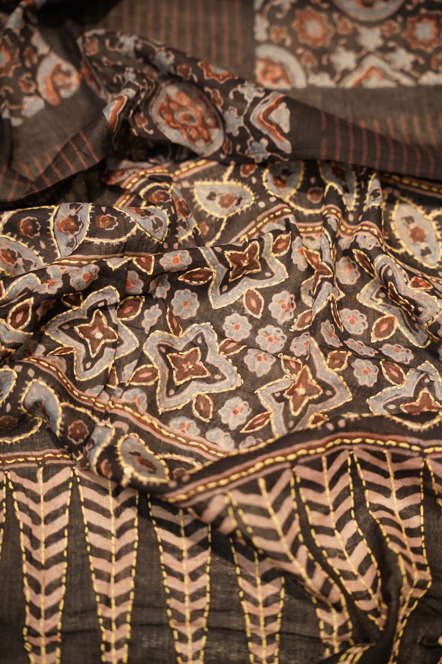 Black Cotton Ajrakh Printed Suit with Katha Embroidery