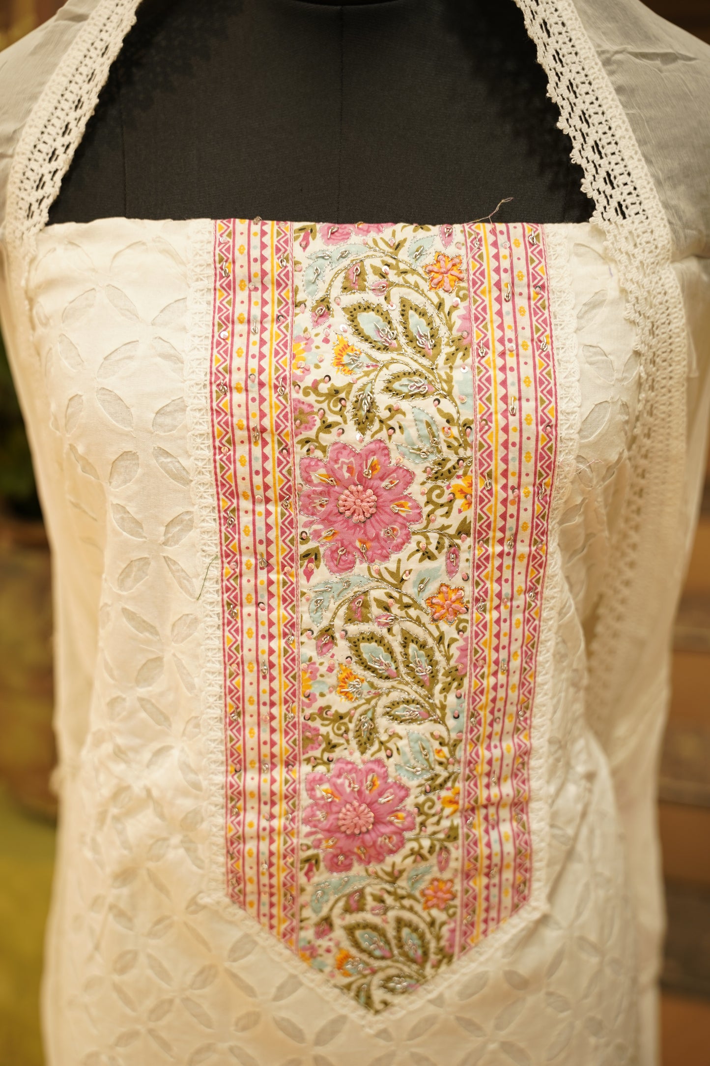 White Applique Cotton Suit with Neck Work