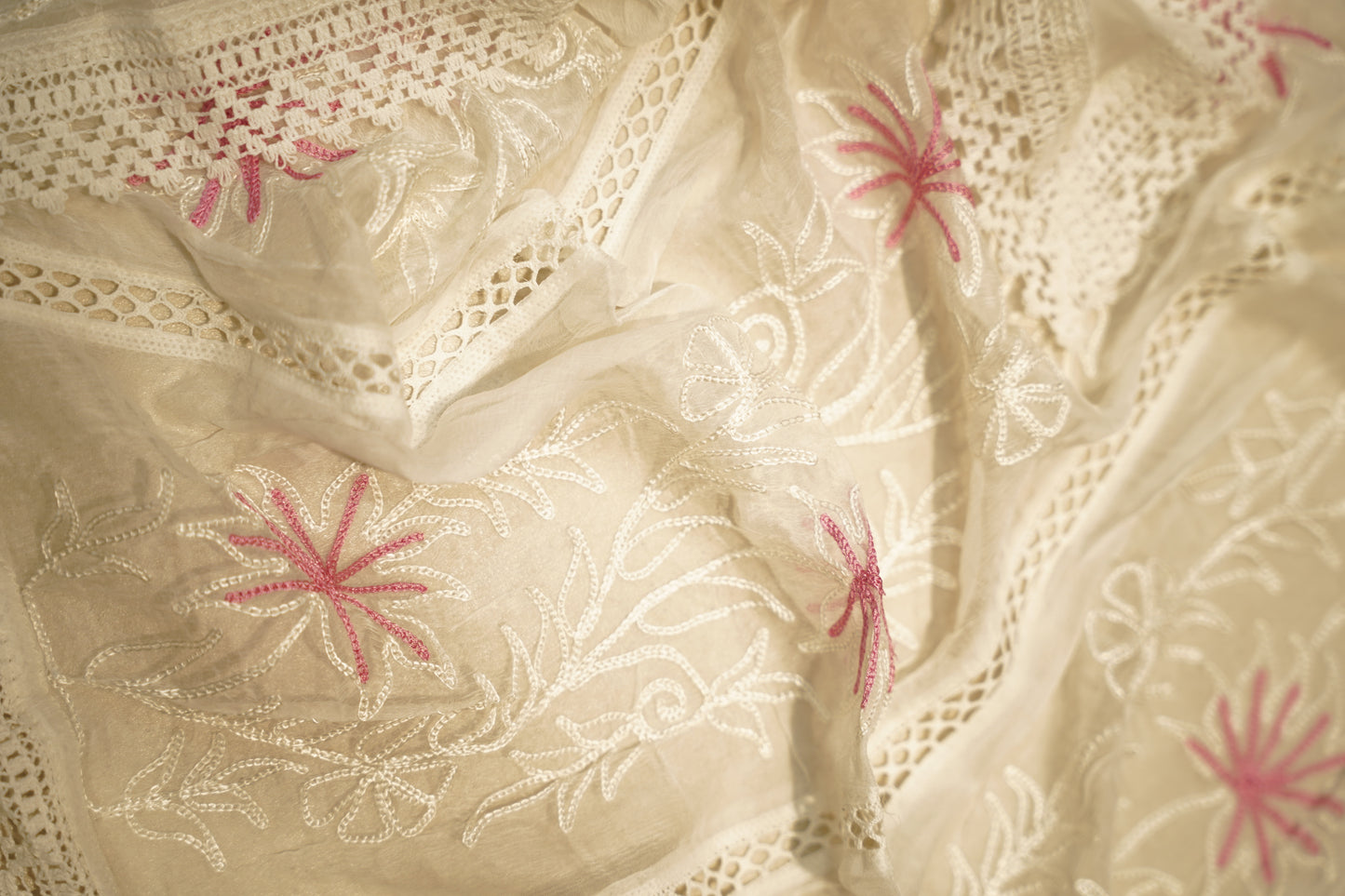 White Applique Cotton Suit with Neck Work