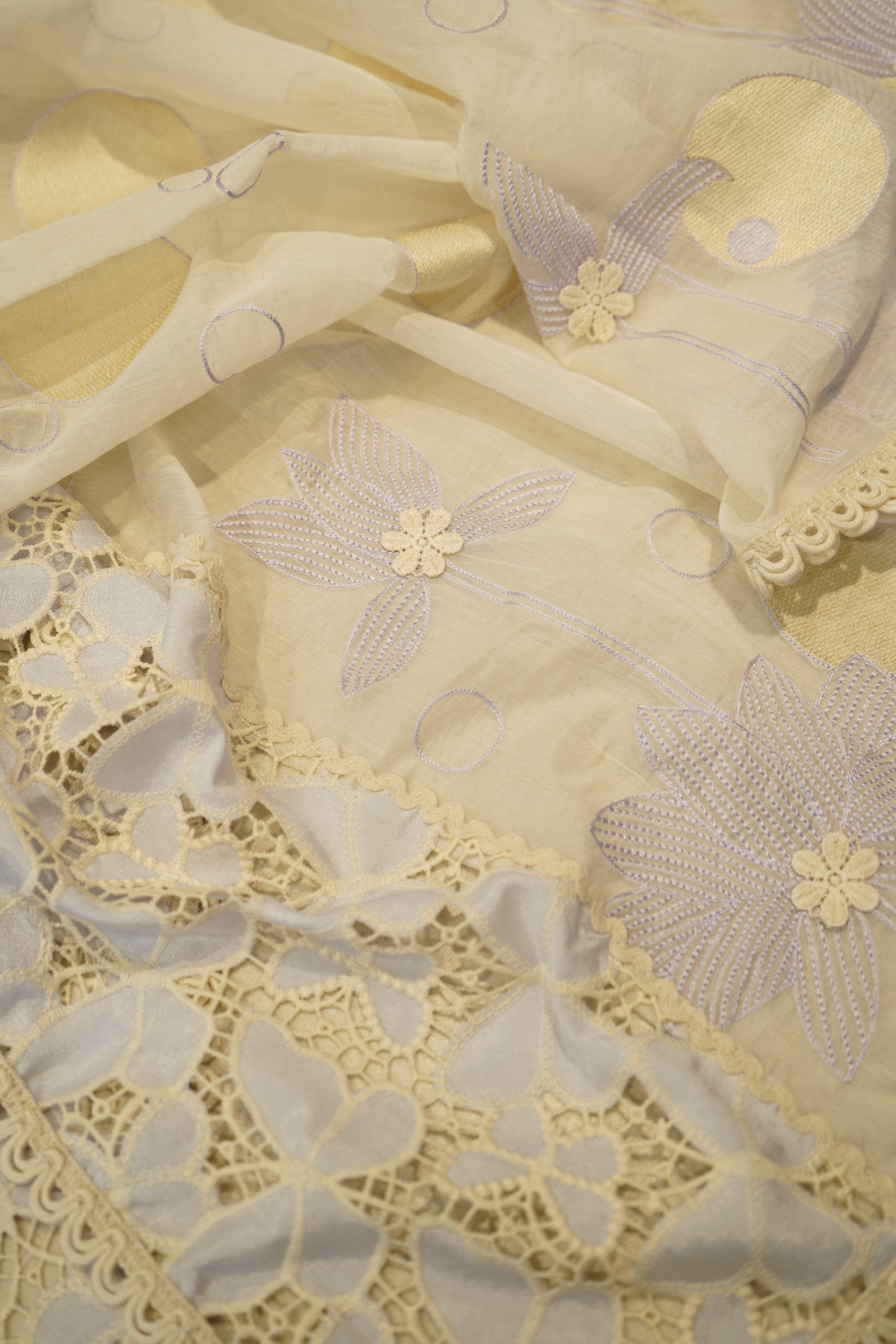 Off White Mul Chanderi Suit with Applique Embroidery