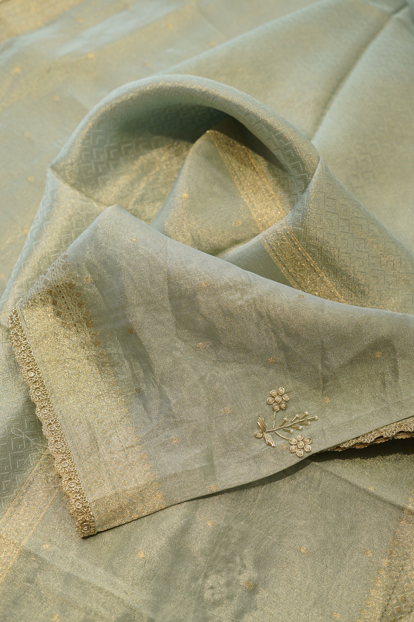 Blue Jaquard Tissue Suit with Handwork