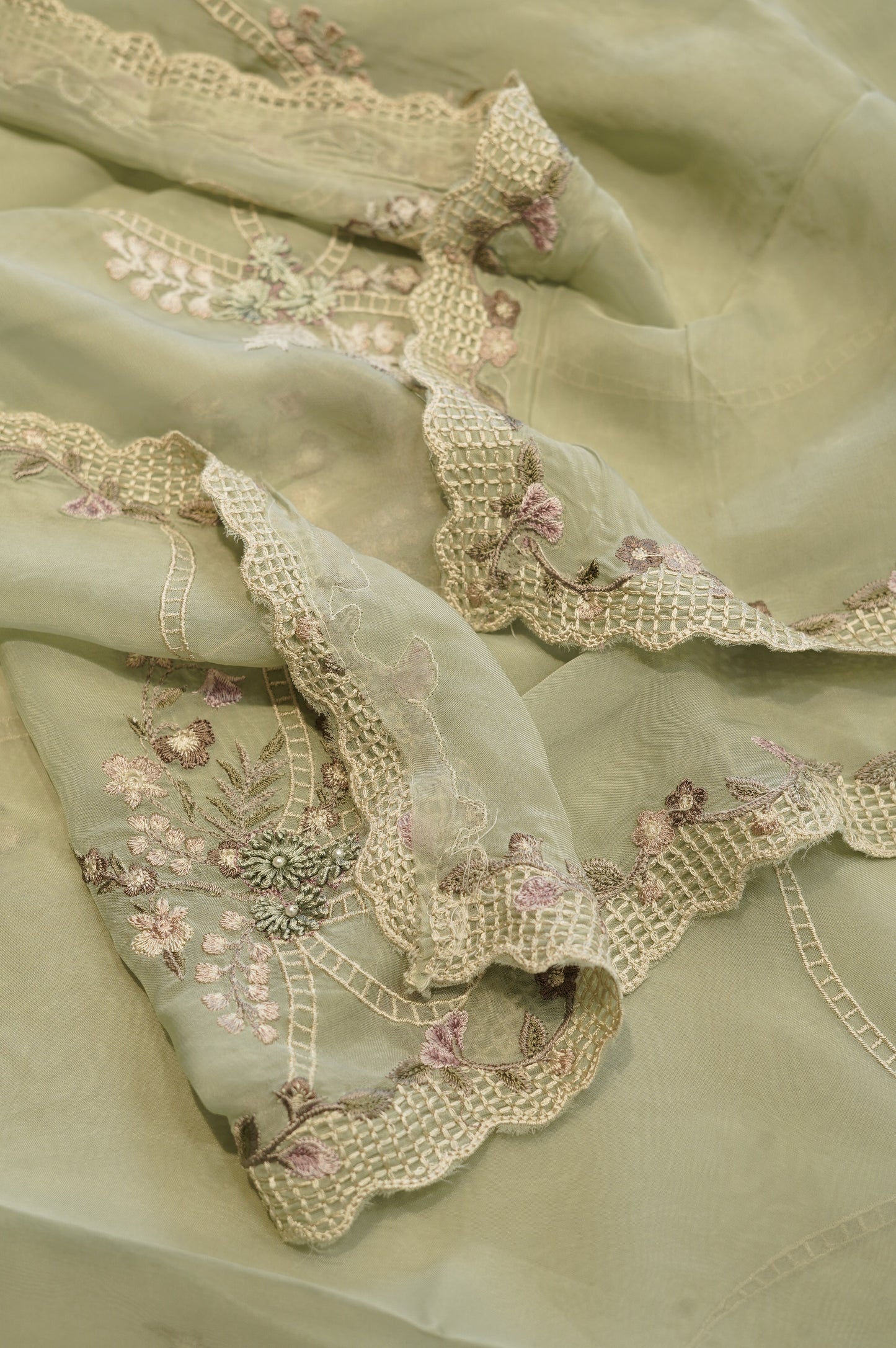 Green Organza Suit with Embroidery