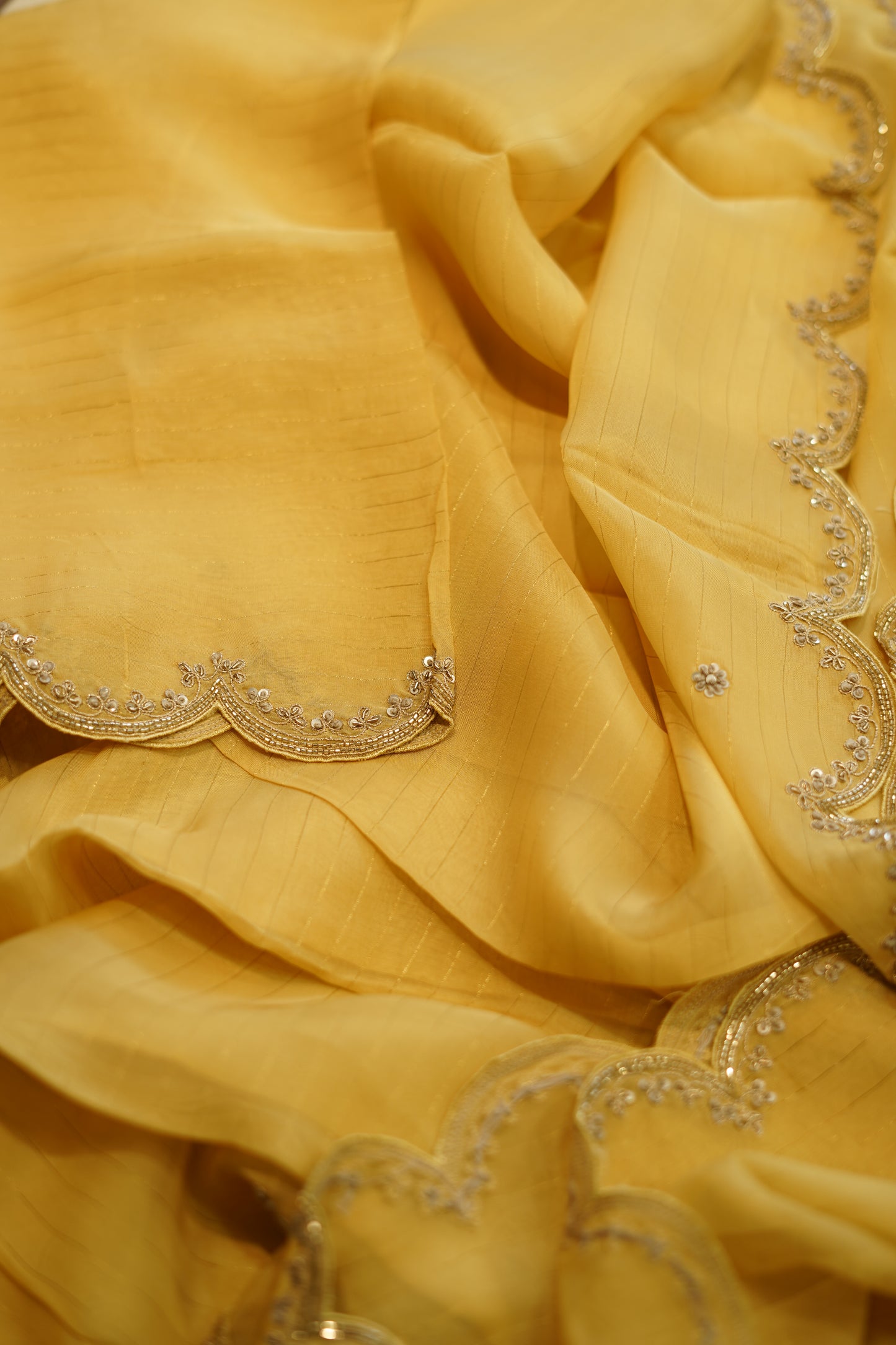 Yellow Pure Silk Tissue Suit with Zardozi and Pitha Work
