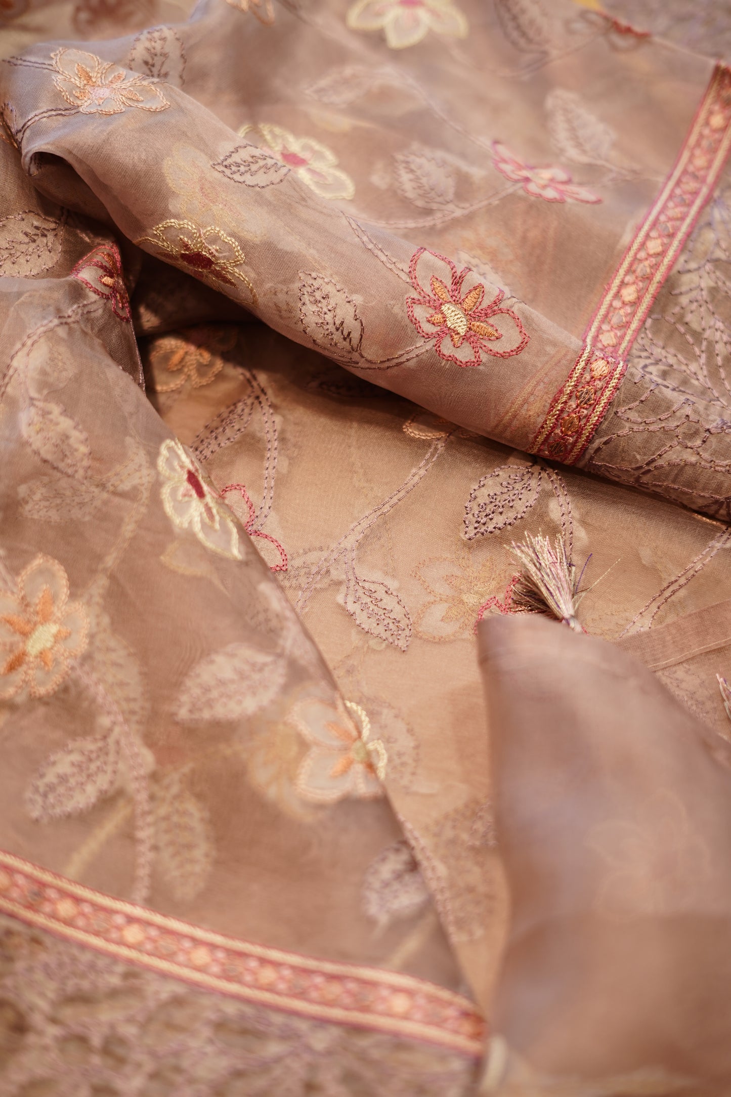 Wine Pure Organza Suit with Embroidery