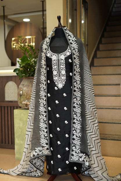 Black Silk Organza Suit with Parsi Embroidery