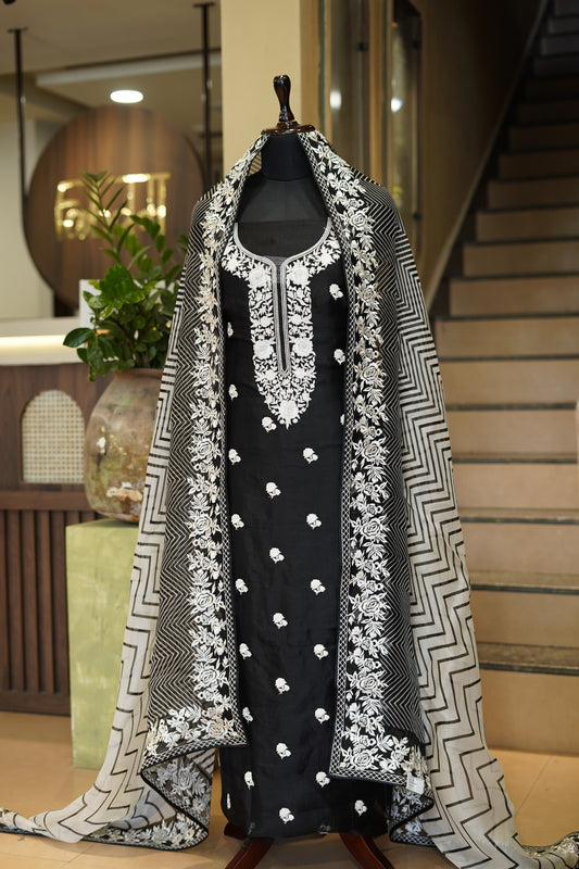 Black Silk Organza Suit with Parsi Embroidery