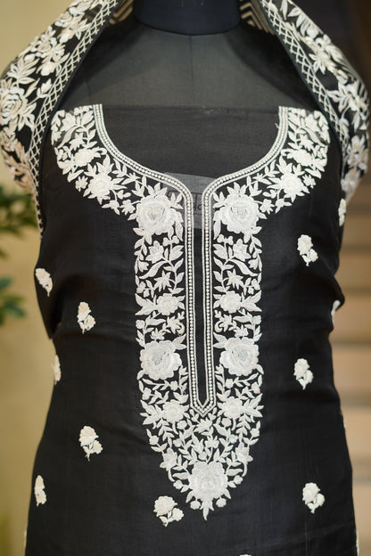 Black Silk Organza Suit with Parsi Embroidery