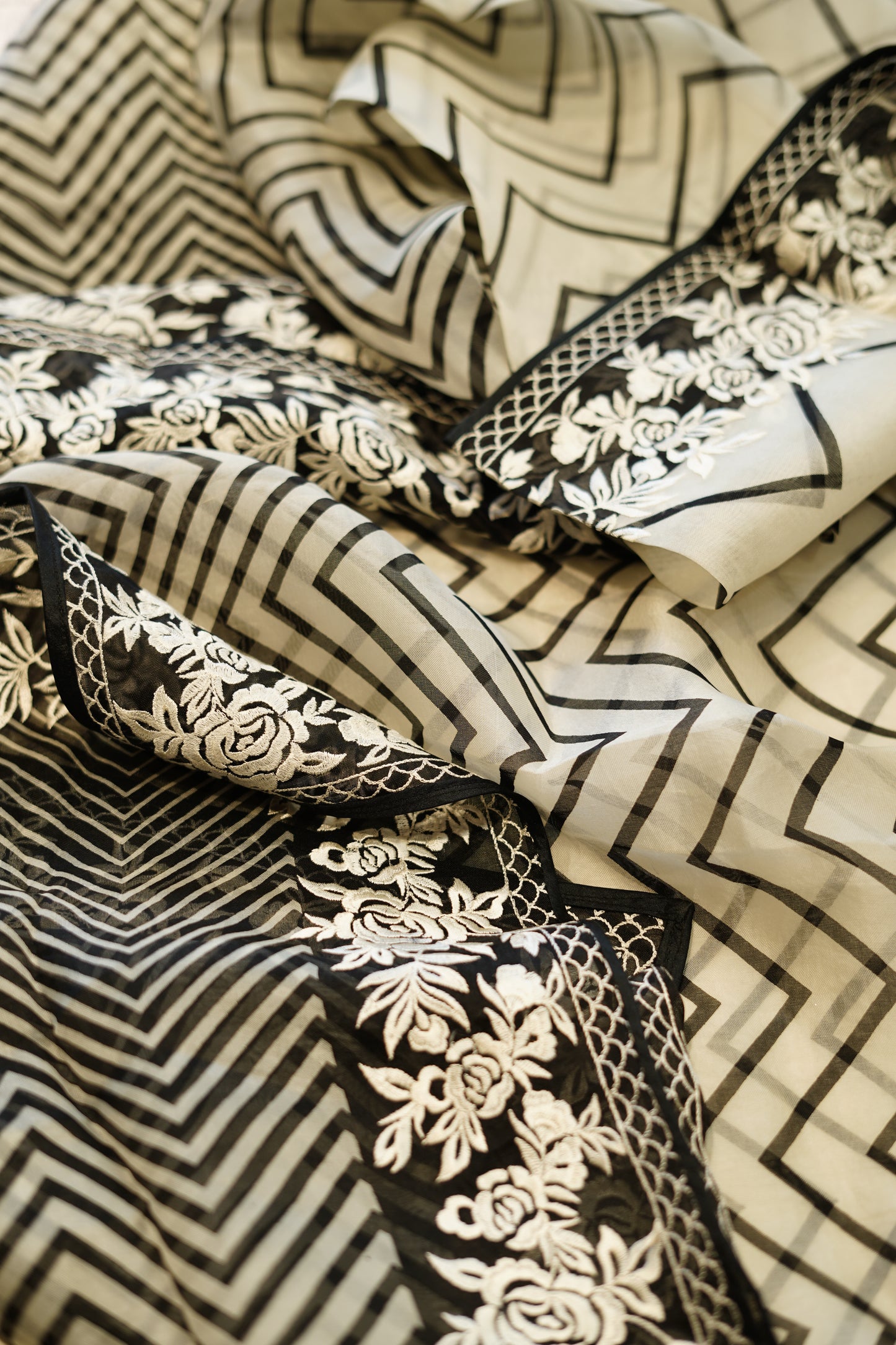 Black Silk Organza Suit with Parsi Embroidery