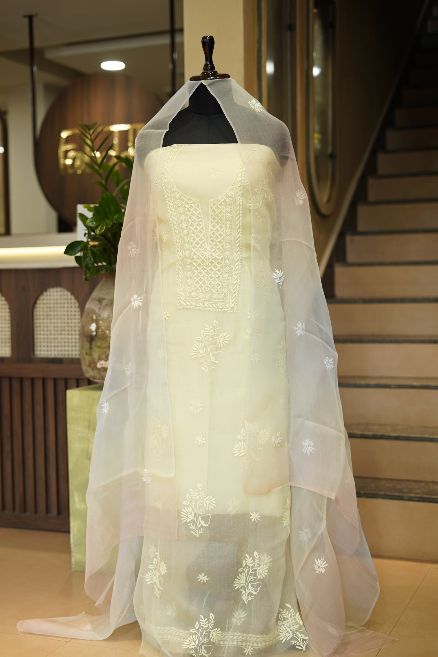 Lemon Silk Organza Suit with Lakhnavi Work