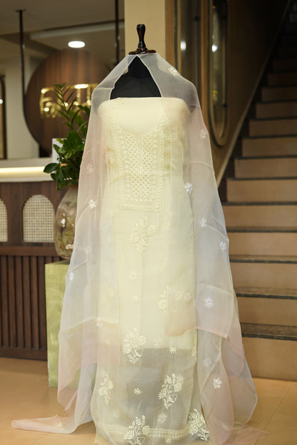 Lemon Silk Organza Suit with Lakhnavi Work