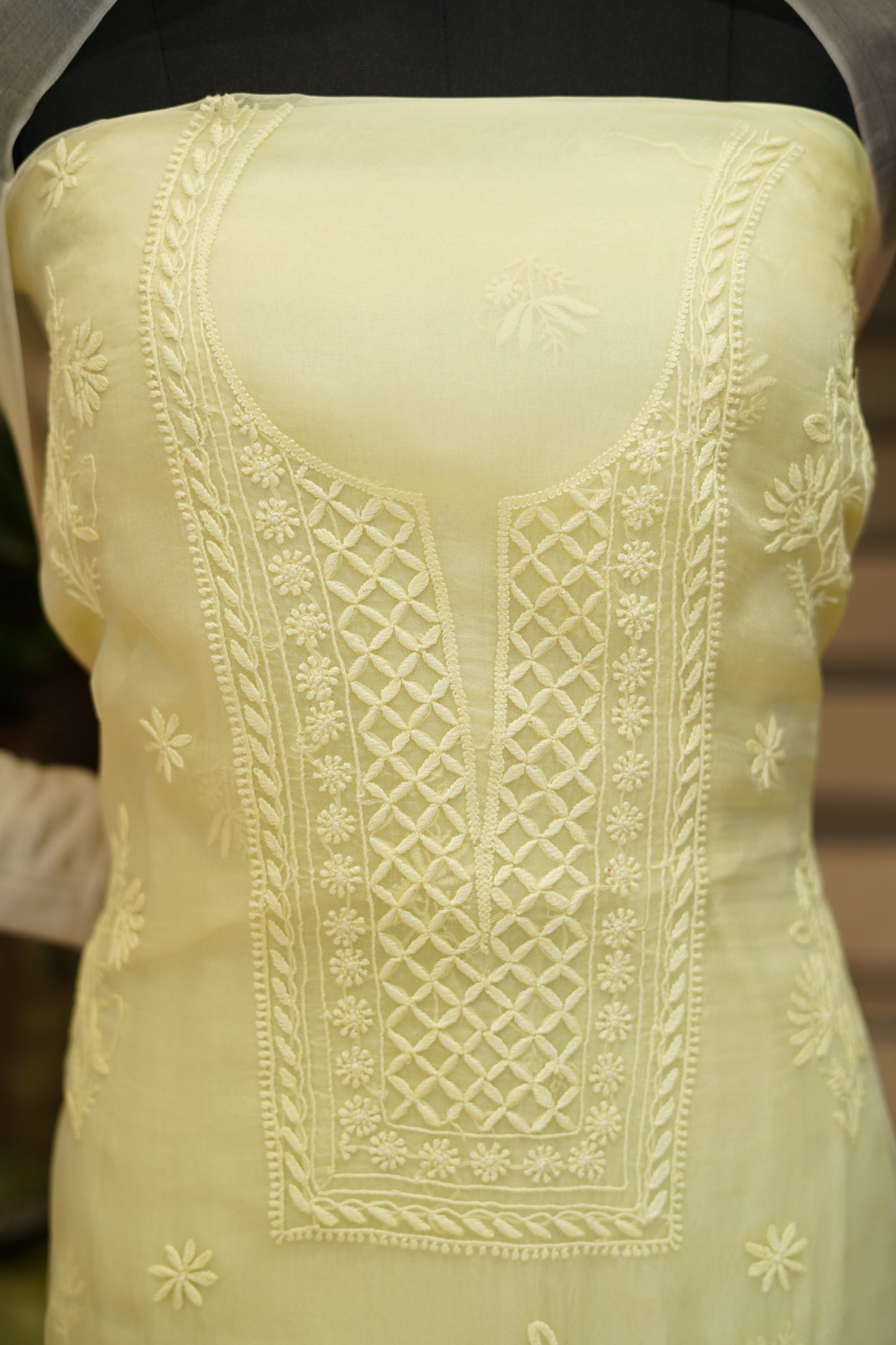 Lemon Silk Organza Suit with Lakhnavi Work