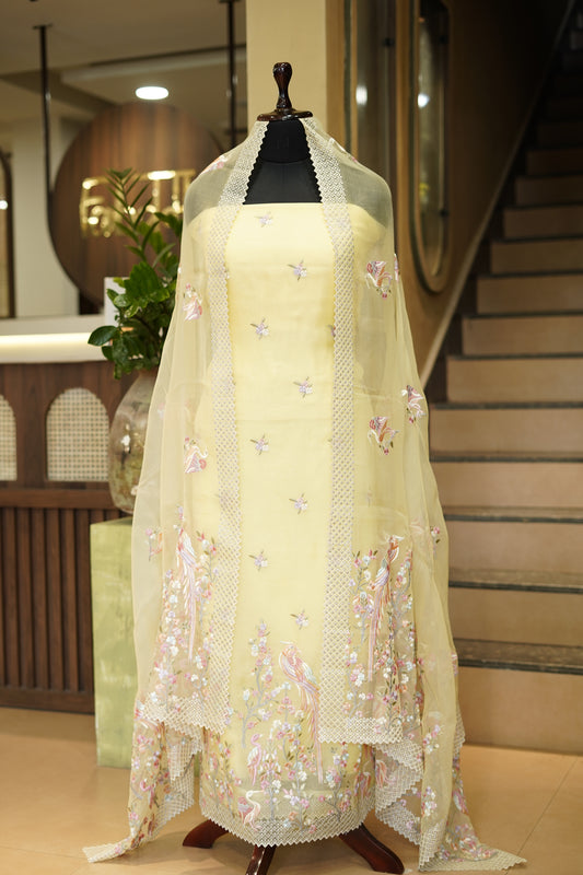 Yellow Silk Organza Suit with Parsi Embroidery