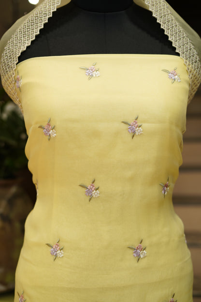 Yellow Silk Organza Suit with Parsi Embroidery