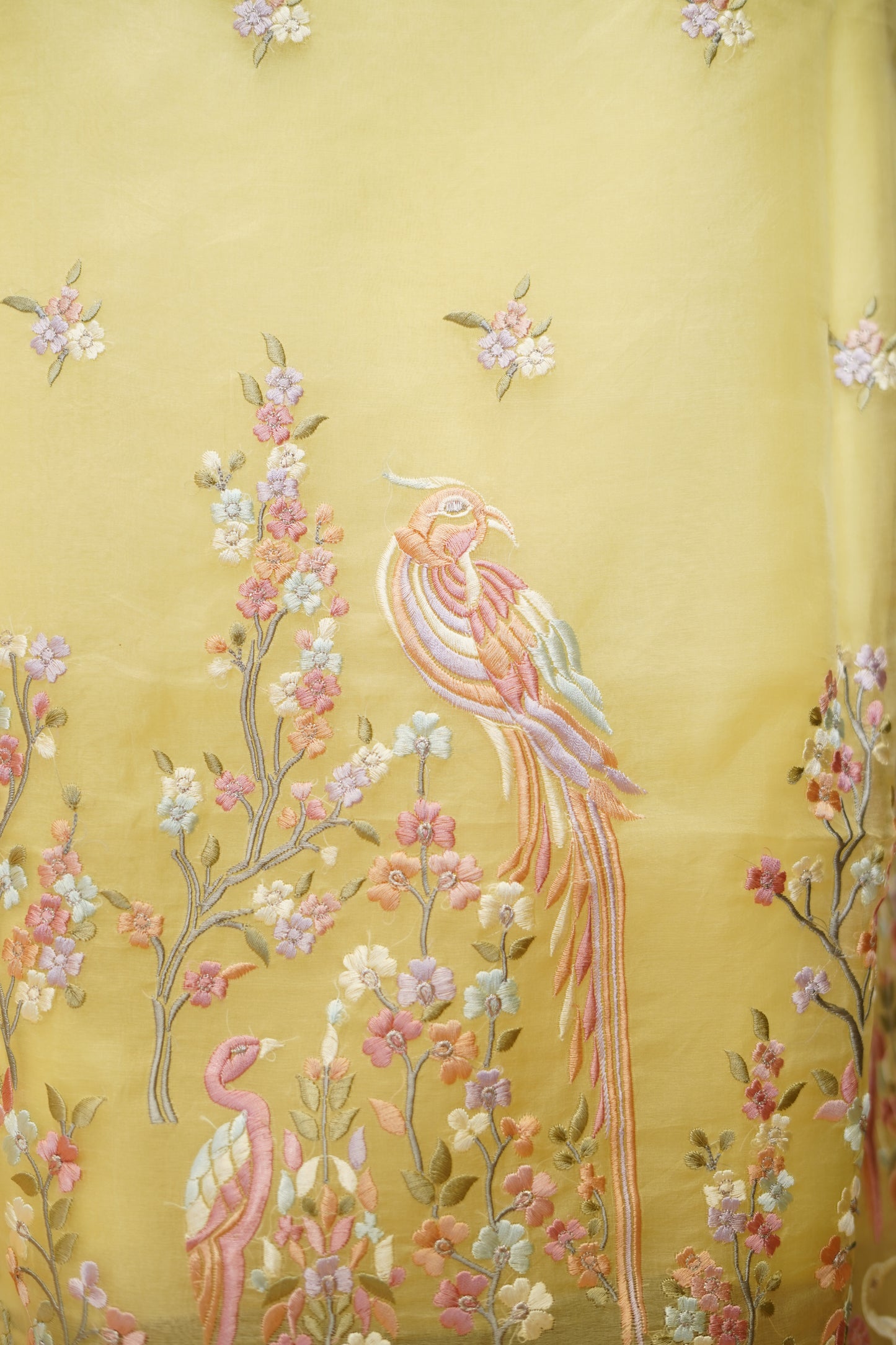 Yellow Silk Organza Suit with Parsi Embroidery
